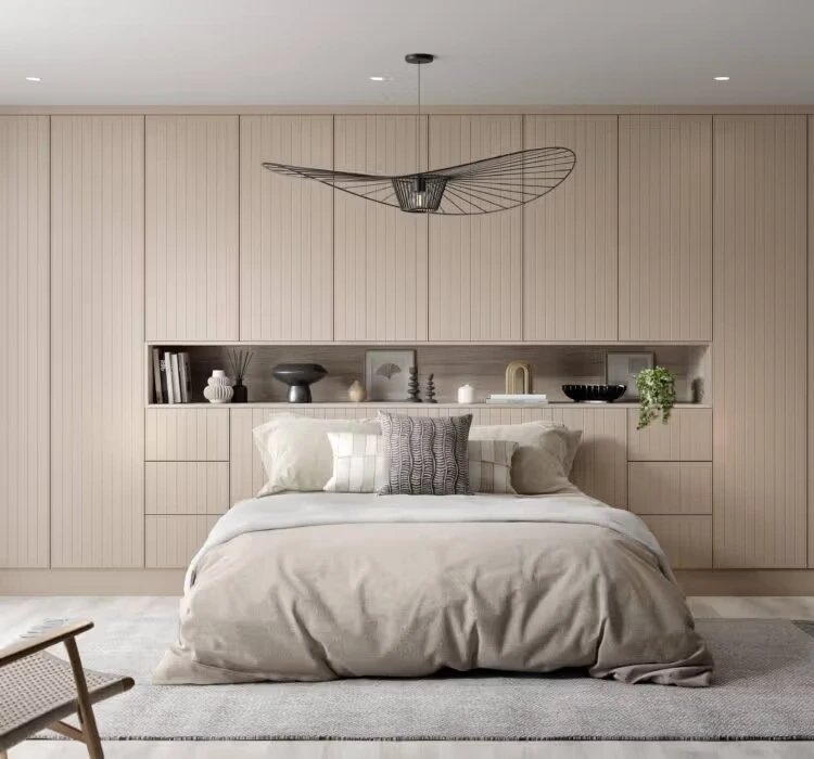 Modern fitted bedroom design Yorkshire with integrated storage solutions and custom wardrobes